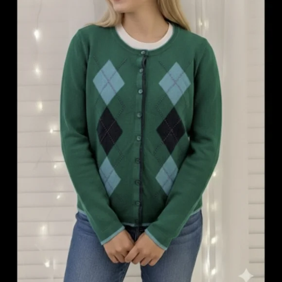 Talbot's Womans Green Cardigan Argyle 5% Cashmere Size SP - Picture 1 of 11